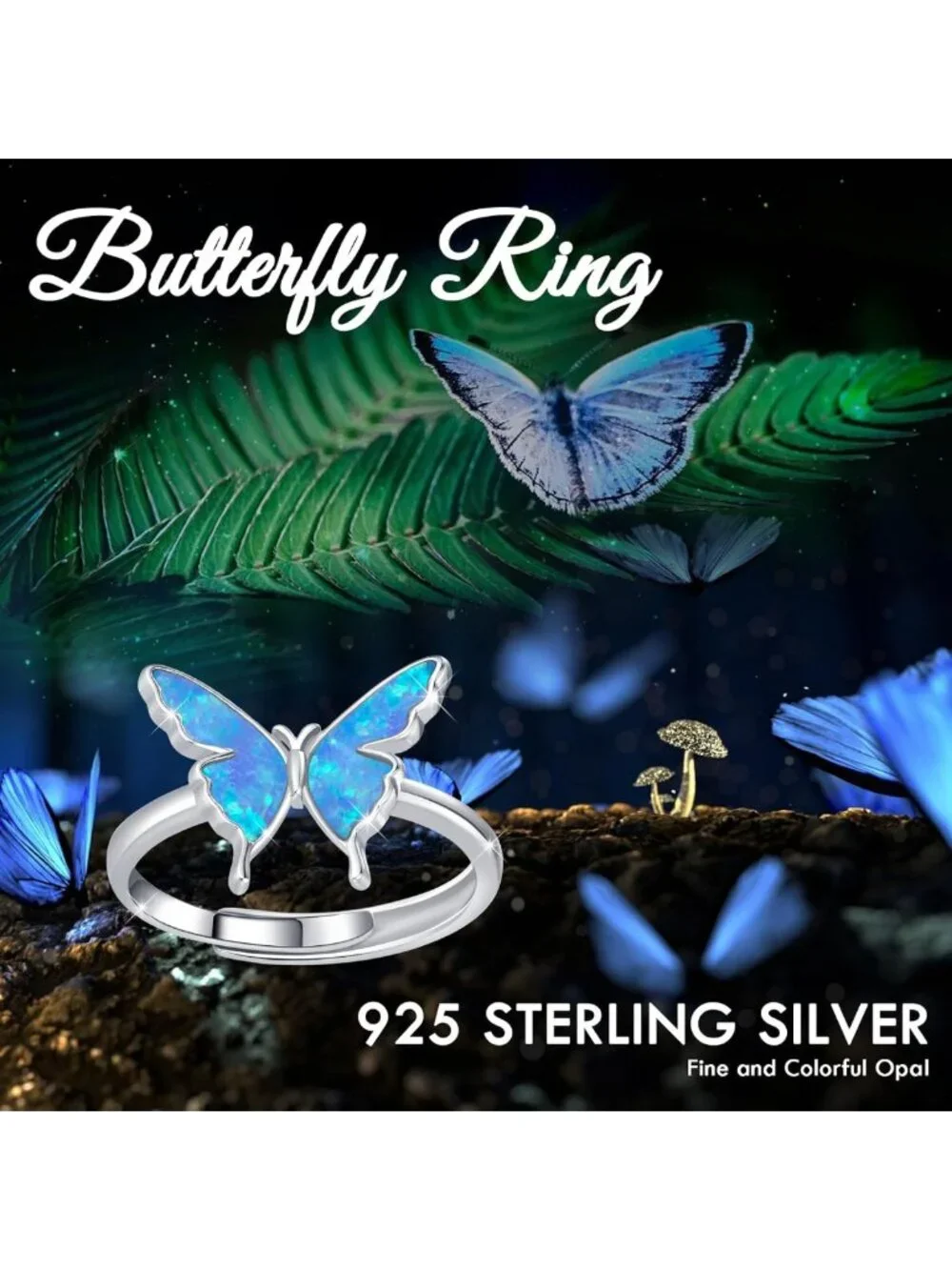 Sterling Silver Opal Butterfly Adjustable Ring - Cute Jewelry for Women’s Gifts
